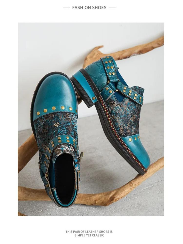 Johnature Four Seasons Pumps Retro Printed Ethnic Style Genuine Leather Comfortable Women's Low Heel Shoes