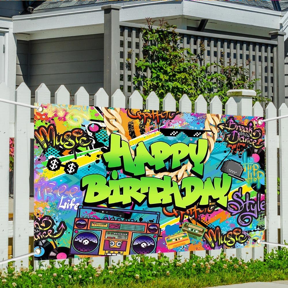 Hip Hop Birthday Banner 70.8x43.3 Inch Polyester Graffiti Colorful Party Decor with Music, Dance, Street Art Design for Birthday Parties, Hip Hop
