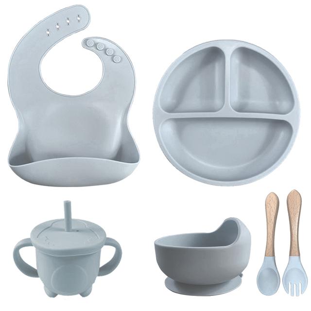 6PCS Baby Plates Children's Feeding Soft Silicone Bowl Plate Cup Bibs Spoon Fork Set Non-Slip Cartoon Dishes For Kids BPA Free