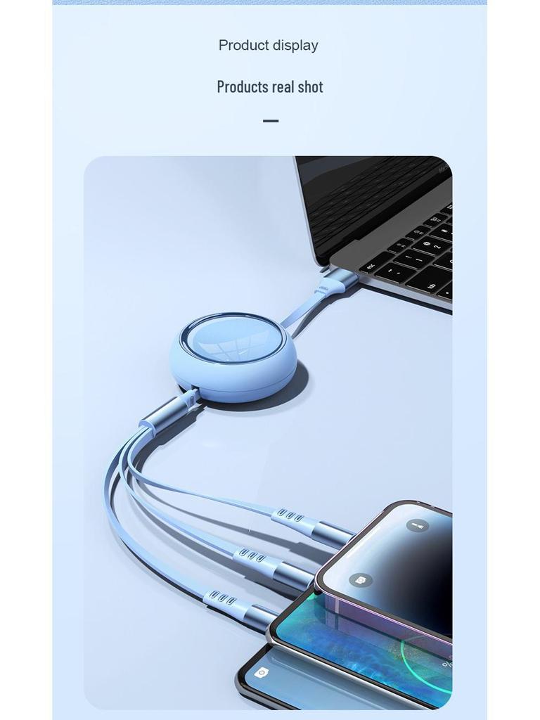Three-in-One Retractable 6A Fast Charging Cable for Apple, Android, and Type-C Devices
