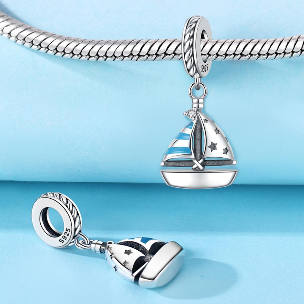 Copper Metal Blue Sailboat Pendant Bead Component Bracelet High Quality Fine Jewelry Charm Bead Components Compatible With Bangle Designed For Women