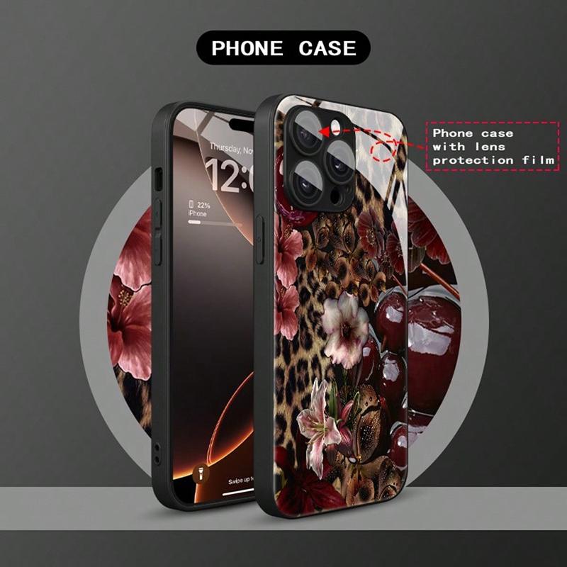 Luipaard Kersenpatroon Gehard Glas Telefoonhoesje Voor iPhone 17 16 15 14 13 12 11 Pro Max 17Air 16E 7 8 15 Plus XR XS X Hoesje