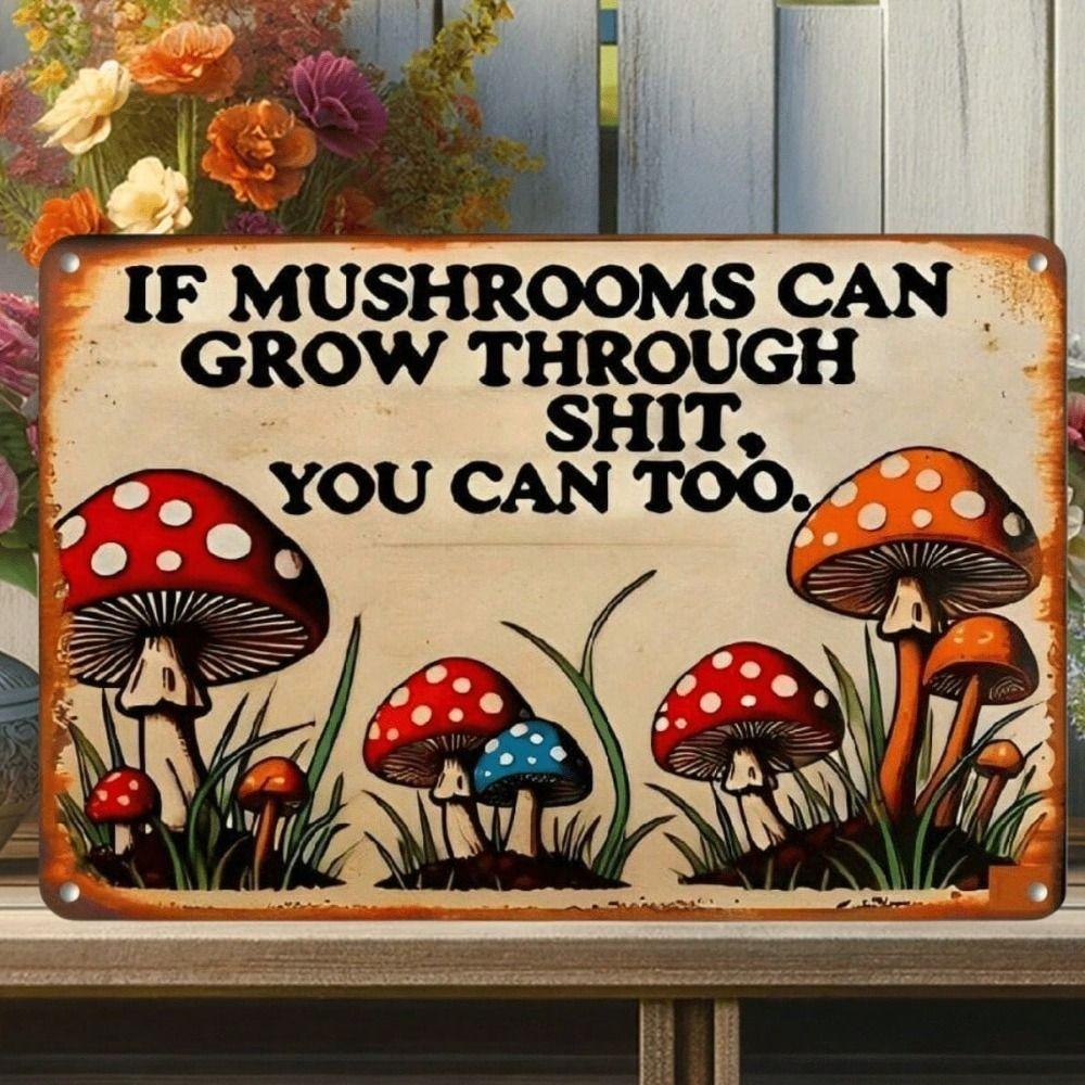 Metal Poster Mushroom Decor, Vintage 2D Sign for Wall, Funny Home Garden Art