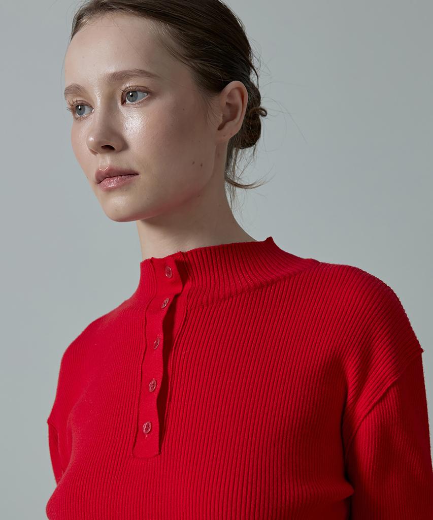 Aheule Aera Tension-Fit Henley Rib Half-Neck Knit_Red