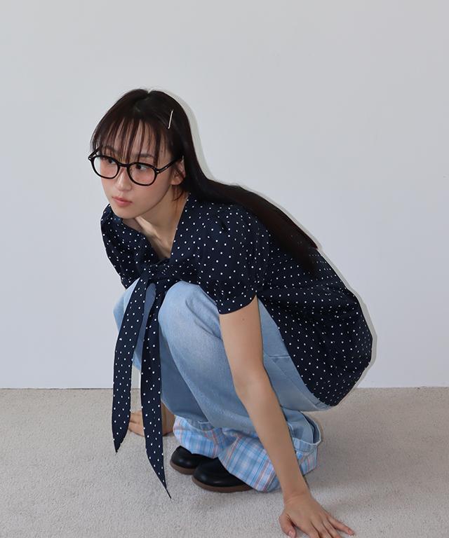 Ronron Ribbon Bow Half Sleeve Dress Navy Dot