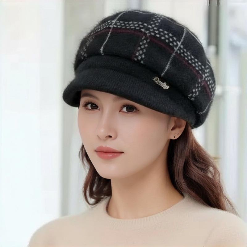 Damenmode Woll-Entenschnabelmütze für Herbst/Winter - Gemütliches Strickmuster mit Samtfutter, Perfekt für Mittelalte und Ältere.