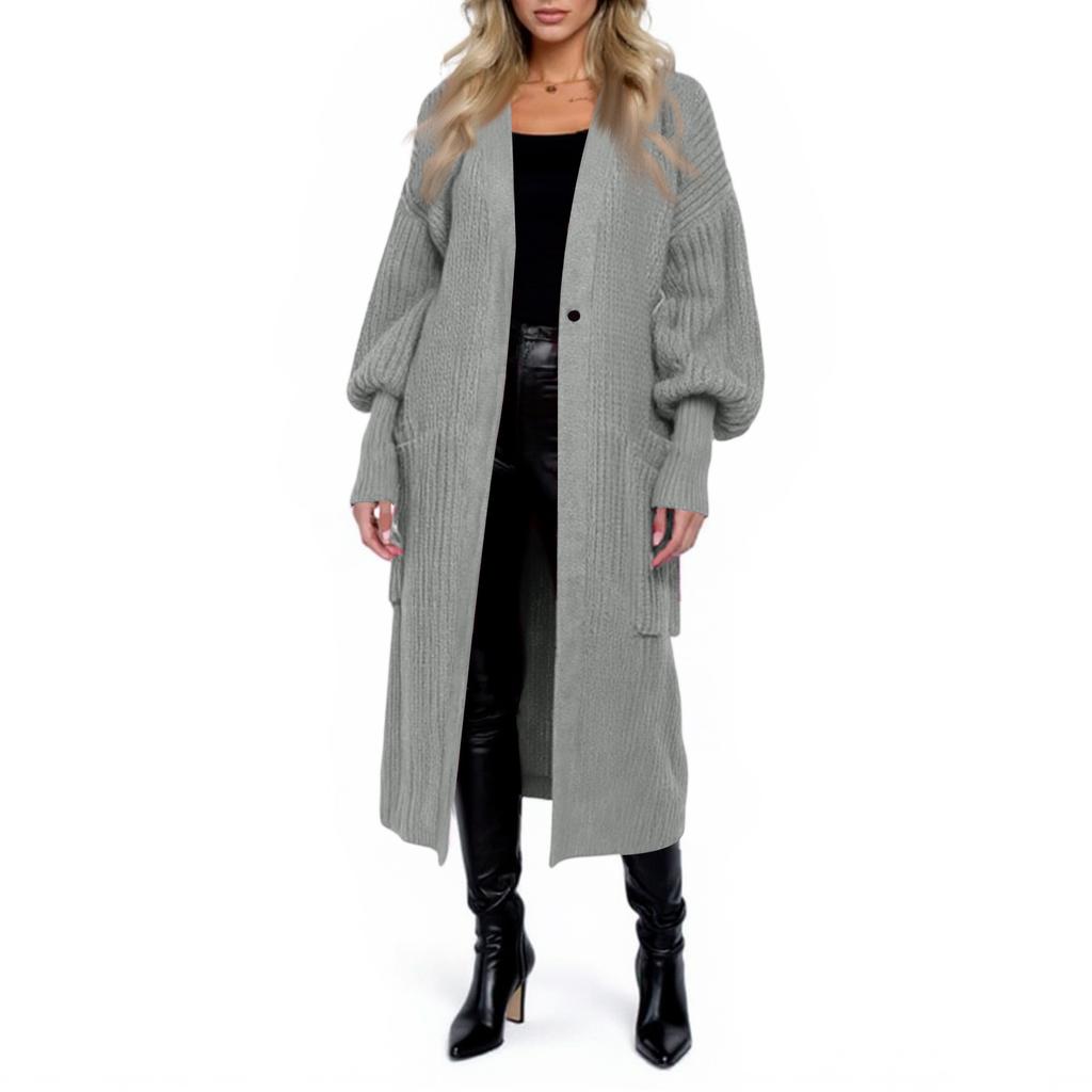 Women's Casual Loose  Sleeve Pocket Mid-Length Knitted Sweater Jacket