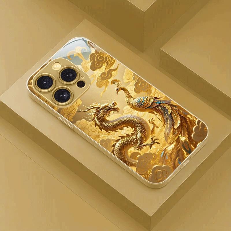 

Golden Dragon Phoenix Print Gold Metallic Paint Glass Phone Case For iPhone 17 16 15 14 13 12 11 Pro Max Plus 17 Air 16E Cover iPhone 15 Pro Max