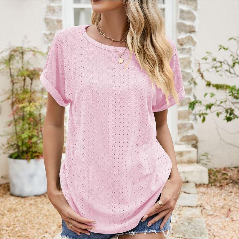 

Women s Light Blue Eyelet Embroidery Short Sleeve T-Shirt Round Neck Loose Fit Breathable Casual Daily Blouse S рожевий