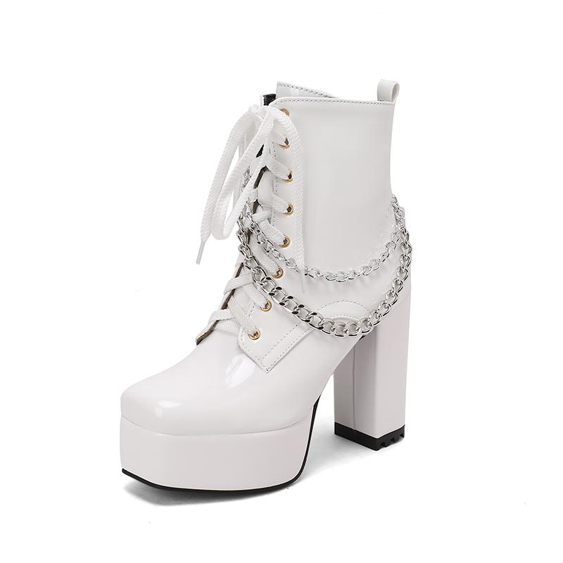 2026 High Gloss Patent Leather Lace Up Zipper Metal Chain Punk Style Short Boots Square Toe High Thick Heel Platform Boots