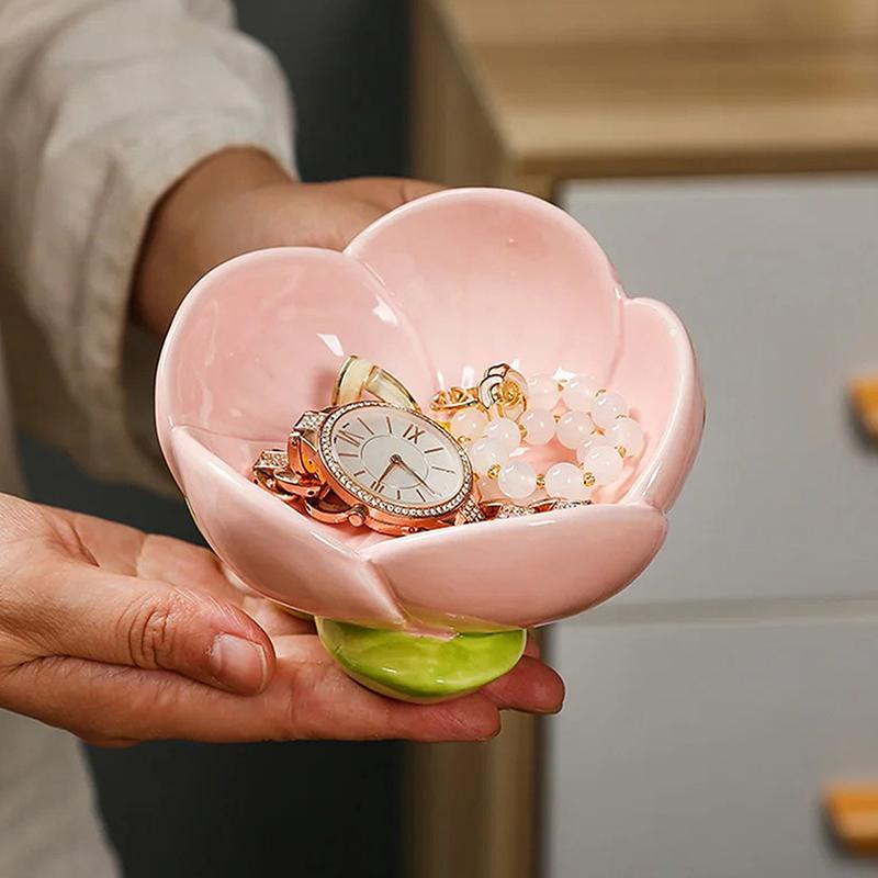 Home Decor Ceramic Flower Jewelry Tray Trinket Tray Ring Dish Holder Key Bowl Home Decor Dish-Pink Office Desk Accessory Shaped