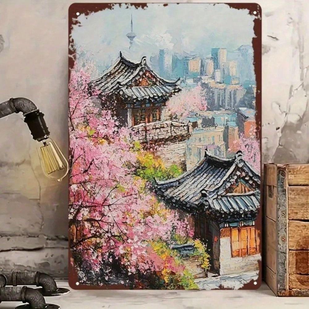 Korean Cherry Blossom Architecture Retro Metal Wall Poster 20x30cm