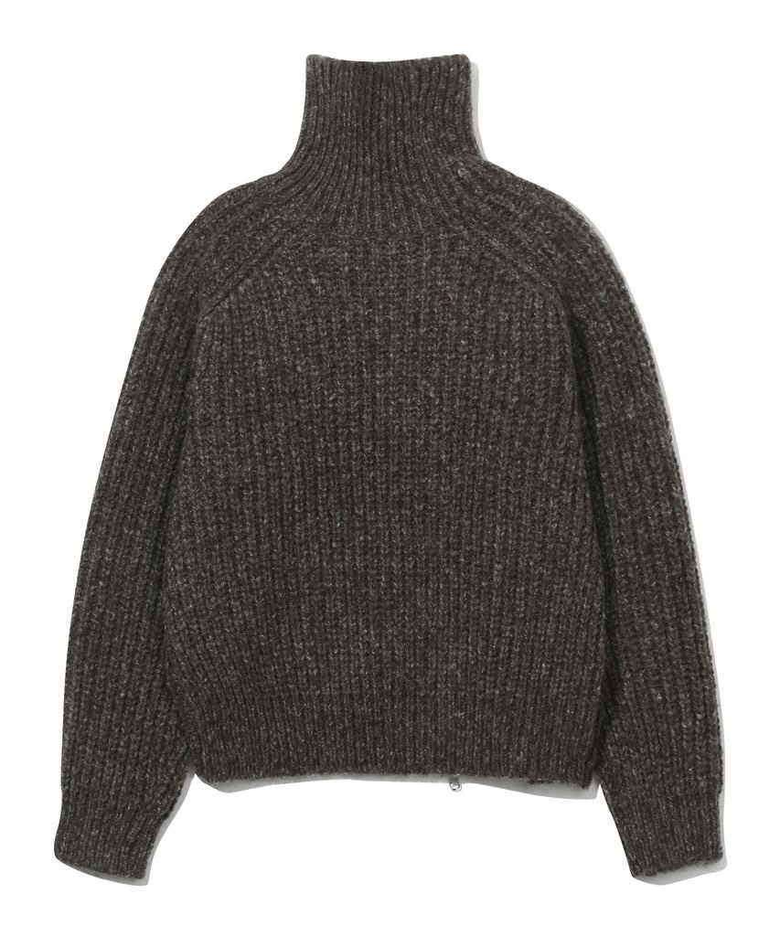 BASEMOMENT Asymmetric High-Neck Zip-Up Knit Melange Brown