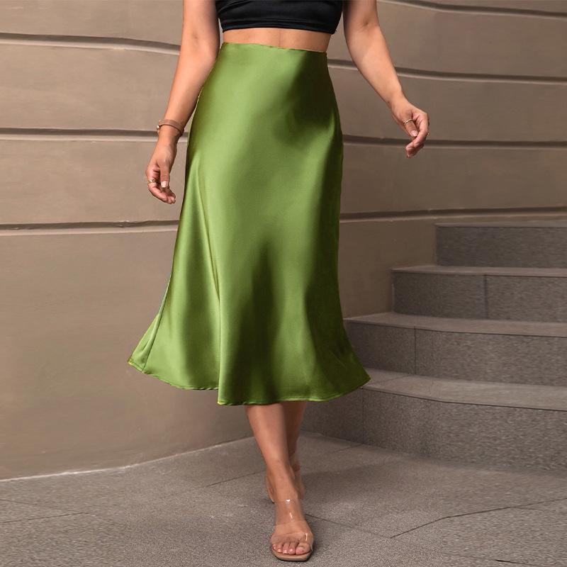 European & American Style Satin Midi Skirt - Spring/Summer 2025 - Elegant A-Line Polyester Skirt