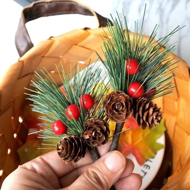 10Pcs Artificial Christmas Pine Needles Simulation Pine Cone with Holly Branches Xmas Gifts Home Party Decoration Flower Crafts