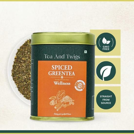 Tea And Twigs | Spiced Green Tea- 15 Pyramid Tea Bags (30 Grams) | 100% Pure Spices - Cinnamon, Cardamom, Clove, Black Pepper, Ginger and Green Tea