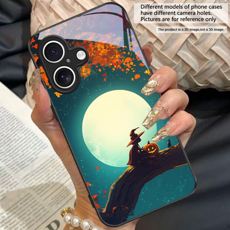 Witch Pumpkin Lantern For For iPhone 16E 15 14 13 Plus 12 Mini 11 Pro Max XR Xs X 7 8 6S 22 20 Black Tempered Glass Phone Case
