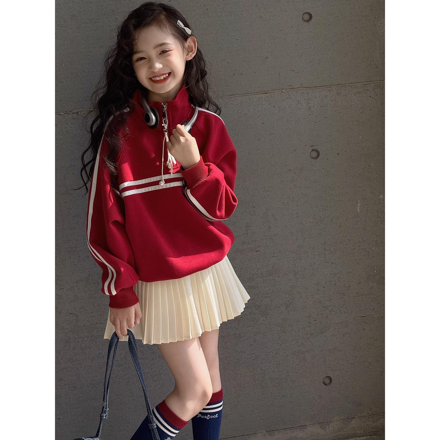 

Girls Color Block Striped Sweatshirt - Autumn 2025 Long Sleeve Pullover for Kids 130 (Height 120-130cm)