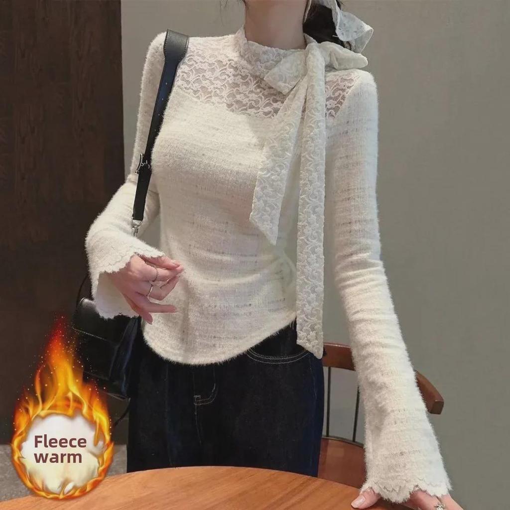 White Lace Bow Long-Sleeve T-Shirt - Elegant Autumn Style for Women