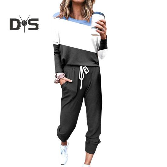 2 Pcs/Set Women Top Pants Suit Round Neck Long Sleeves Colorblock Sport Sweatshirt Drawstring Elastic Waist Trousers Fitness Outfit Fall Spring