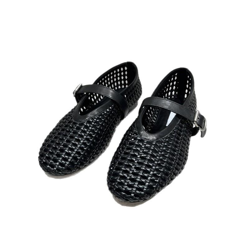 Sheepskin version~ 2025 new niche hand-woven shallow mouth one-word strap single shoes women's flat leather Mary Jane shoes