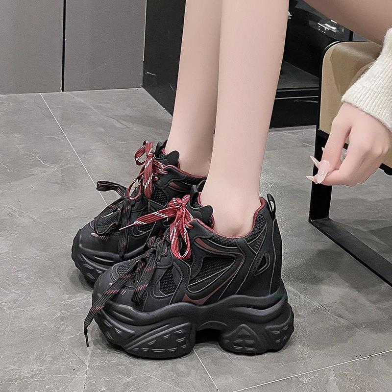 Fashion New Women Mesh Chunky Sneakers Autumn 11CM High Platform Shoes Ladies New Wedges Casual Shoes Woman Sports Dad Leather Sneakers