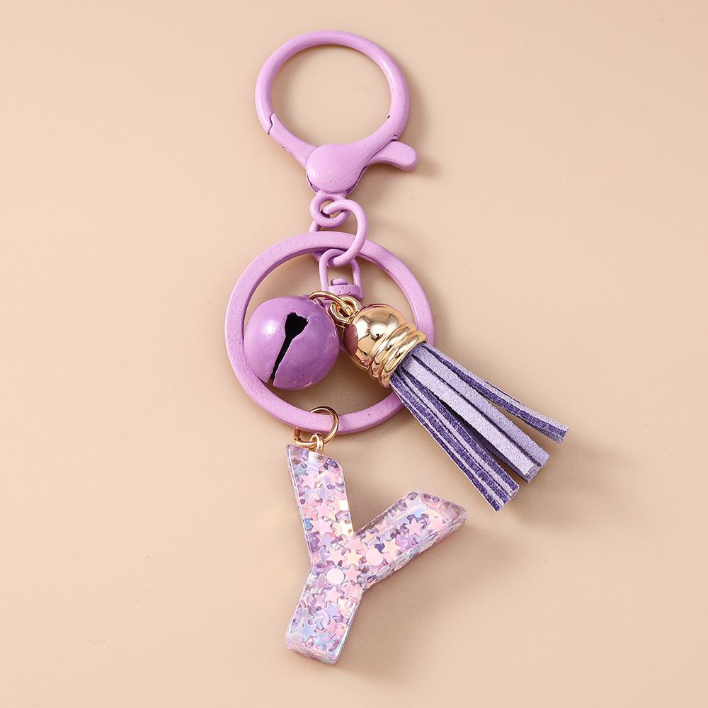Fashion Purple Tassel Alphabet Keychain 26 Initials Letter Key Ring for Women Girls Handbag Pendants DIY Handmade Jewelry Gifts