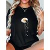 Black Oversized T Shirt With Daisy Flower And Hearts Print For Casual Wear