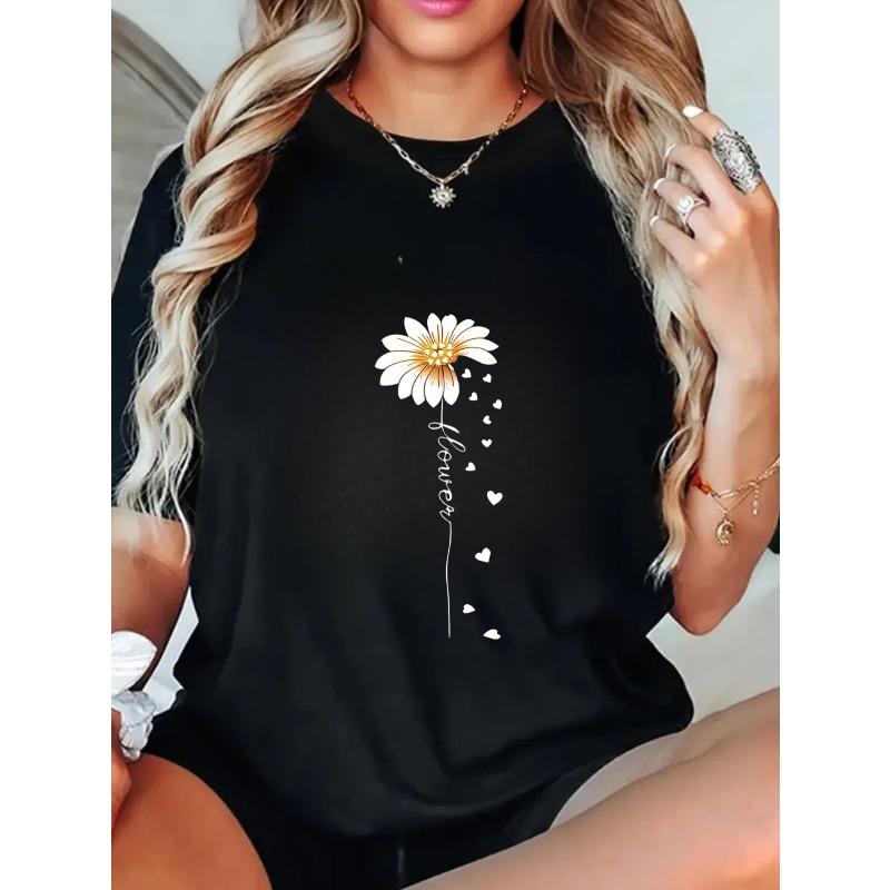 Black Oversized T Shirt With Daisy Flower And Hearts Print For Casual Wear
