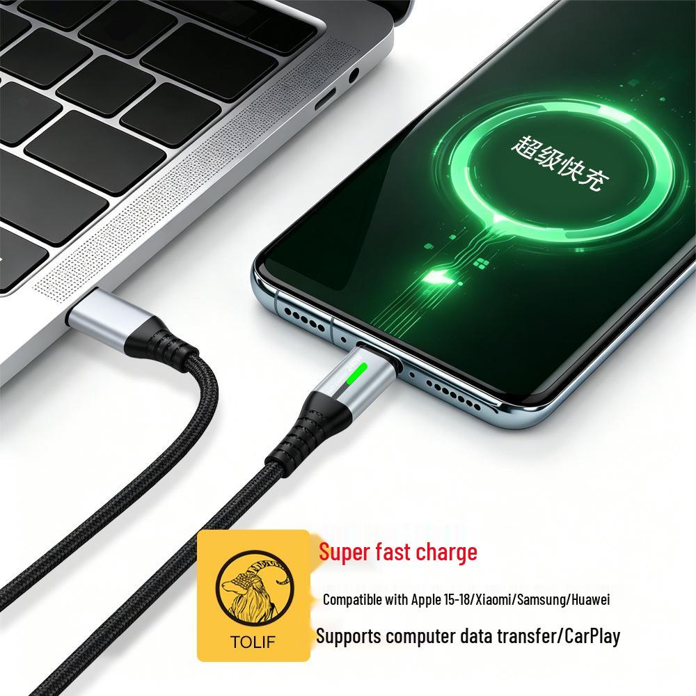 240W Dual USB-C Fast Charging Cable with LED Light for Apple, Android, Huawei Devices.