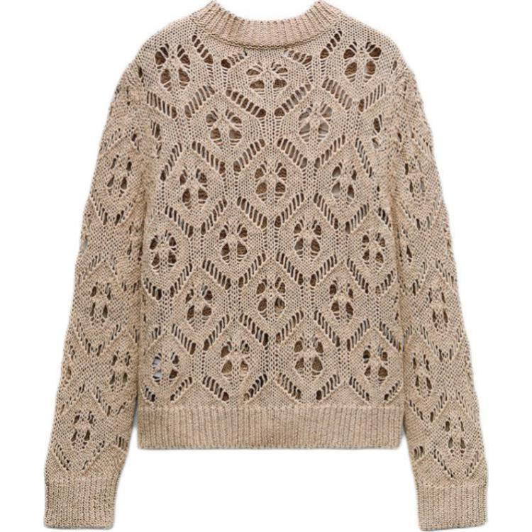 Zara Textured Mesh Solid Color Simple Long Sleeve Knit Top Women Tops Dark-Beige 6771013-731