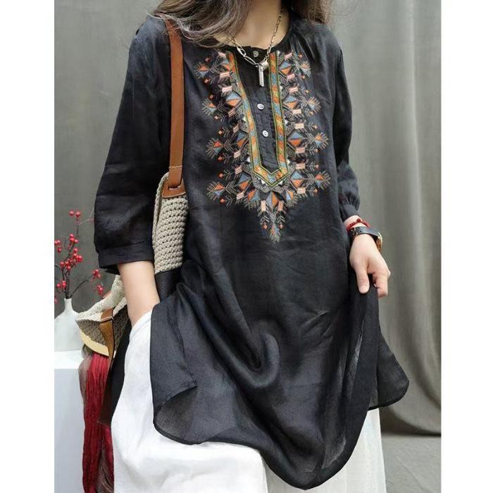 Plus Size Casual Embroidered Cotton-Linen Shirt: Spring & Autumn Retro Style
