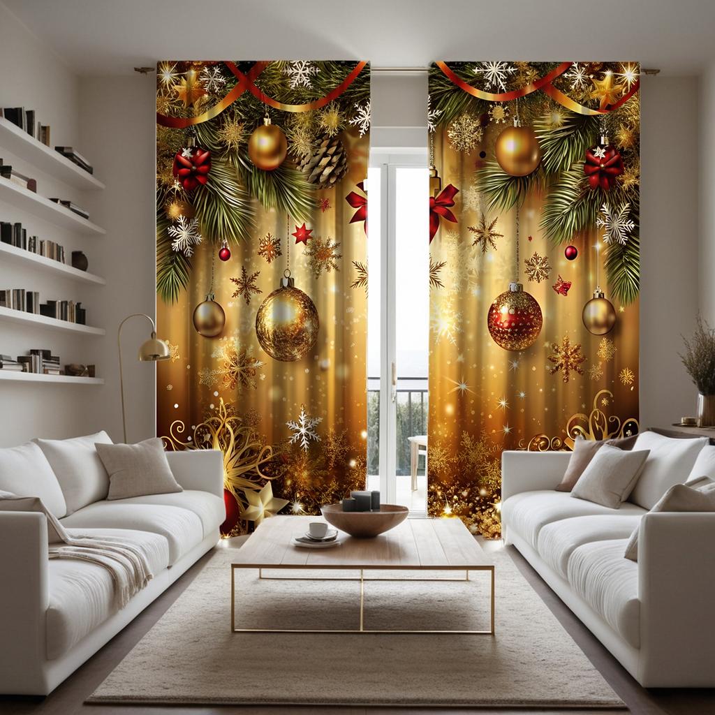 2 Piece HD Digital Curtains Printed Yellow Tie Christmas Drop Ball Latte Home Decoration Style Decorate Living Room Bedroom Wear