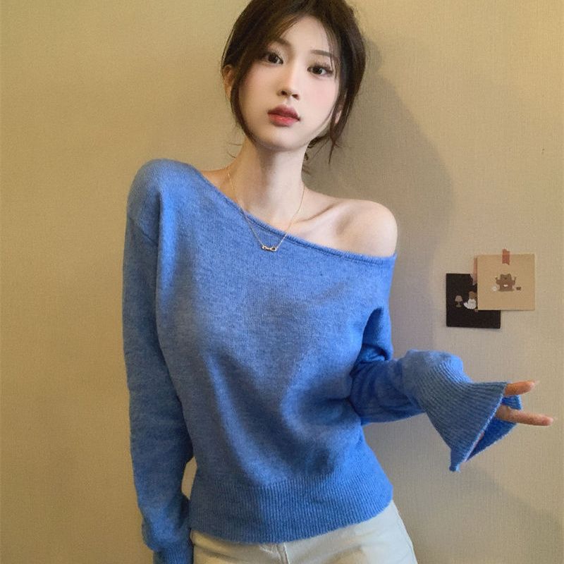 

Blue Asymmetric Off-shoulder Sweater Knitwear Women s Autumn Winter Korean Chic Short Long Sleeve Base Layer Top S синій