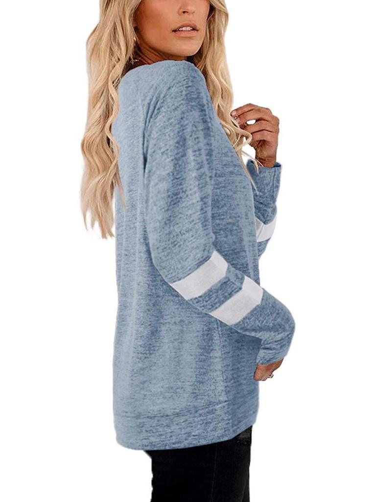 Damen V-Ausschnitt Langarm Kontrastfarbe Lockeres T-Shirt