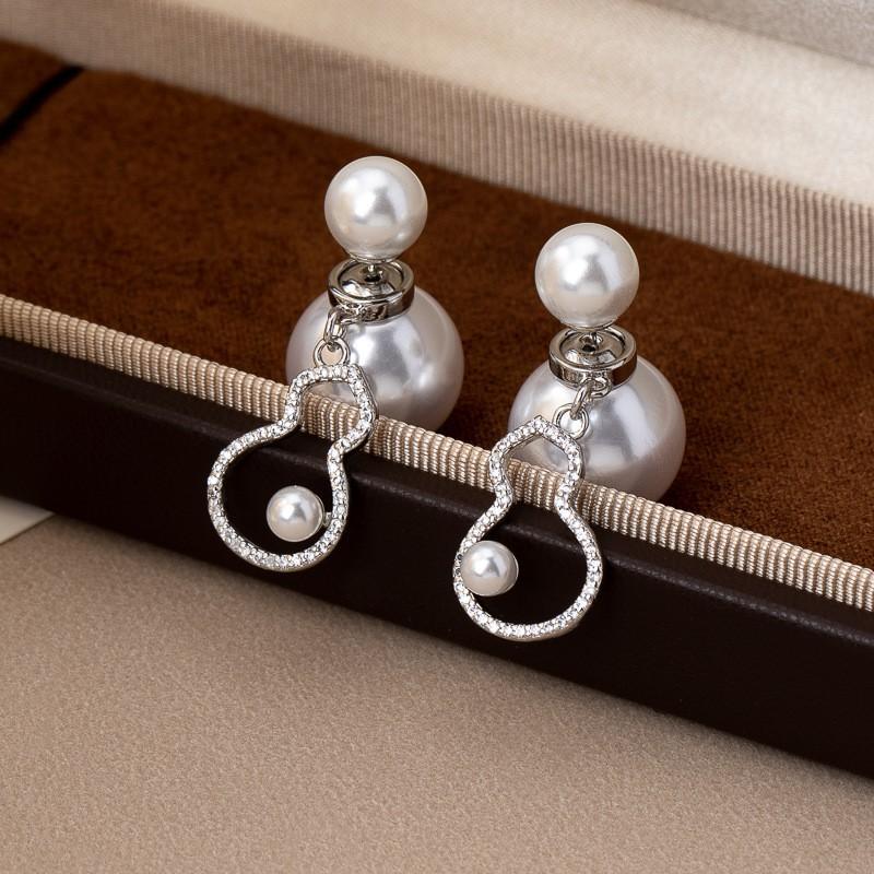 Elegant French Chic Zircon Pearl Earrings Women Dual-Wear Front Back Design Sterling Post Geometric Shape