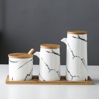 marble Ceramic Gravy Olive Oil Pot set Soy Sauce Vinegar Seasoning Can Oil Bottle Kitchen Cooking Tools Storage Bottles set