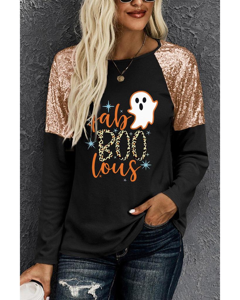 Azura Exchange Black Leopard Boo Ghost Graphic Sequin Raglan Sleeve Top