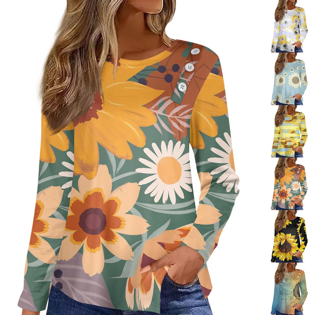 Button Detail Curvy Hem T-shirt, Long  Sleeve Round Neck Flower Printing Casual Top, Women's Clothing