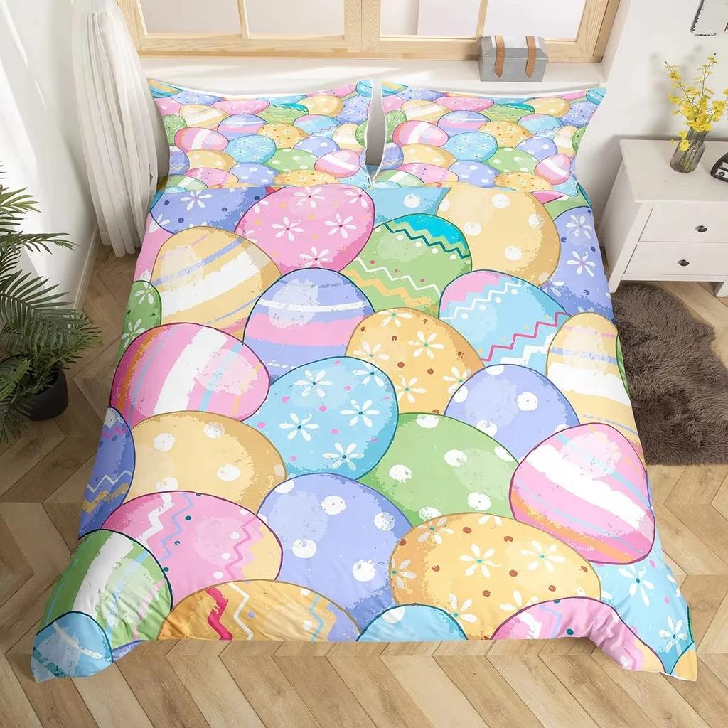 Easter Decor Rabbit Duvet Cover Colorful Flowers Bedding Set Girls Kids Room Kawaii Decor Easter Gifts Comforter Cover 2/3 Pcs