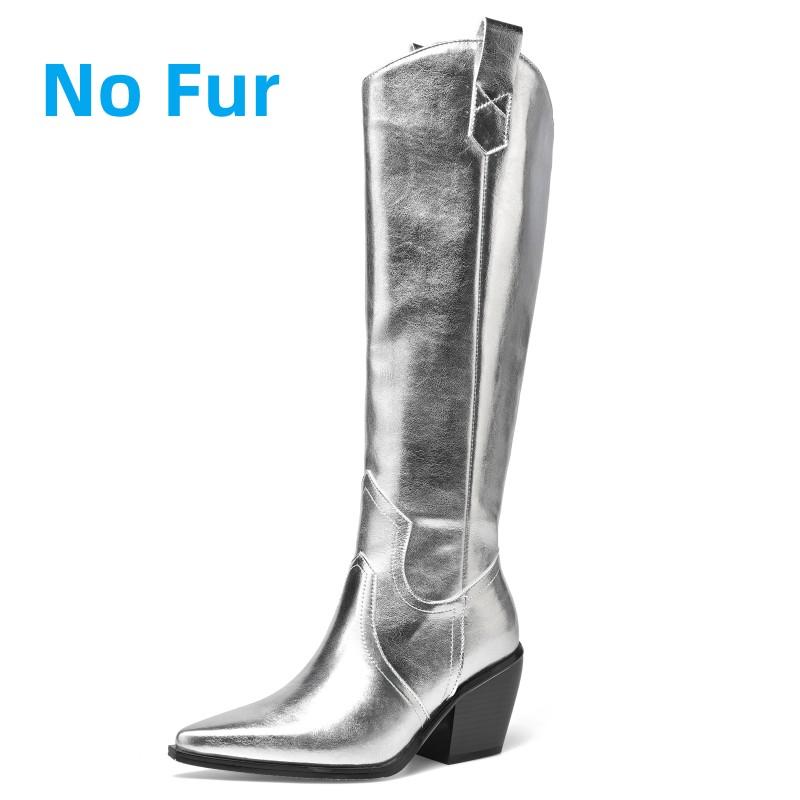 Western Women's Knee High Boots Genuine Leather Silver Cowboy Boot Pointed Wedges Heel Party Winter Shoes Ladies Big Size Brand