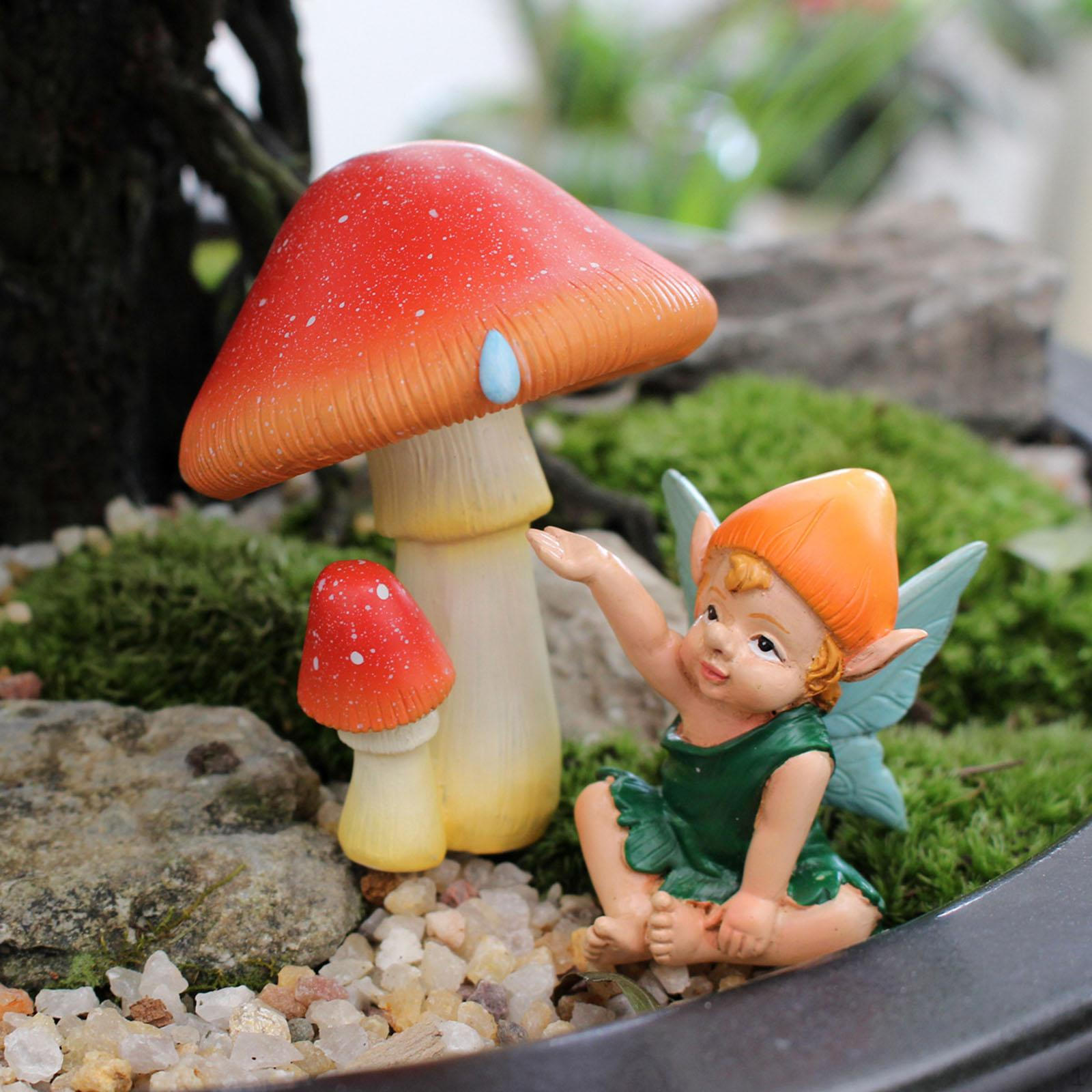 2Pcs Mushroom Elf Statue Miniature Figurine Patio Sculpture Backyard Fairy Garden Accessories for