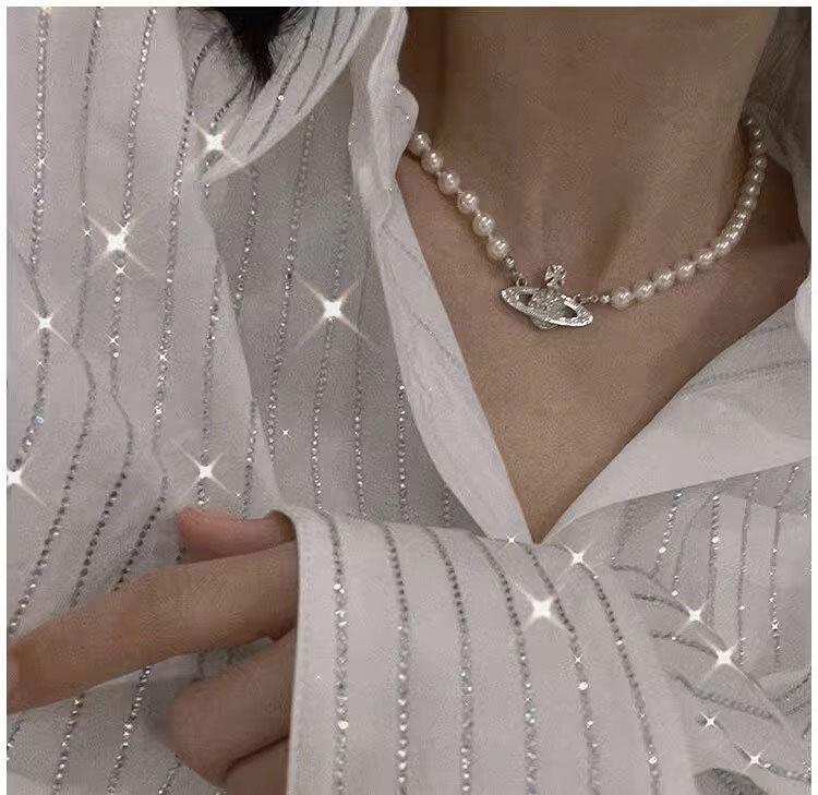 Damen Rosa Diamant Saturn Perlenkette - Stern-Stil Voll Diamant Schlüsselbeinkette, Ideales Vielseitiges Weihnachtsgeschenk