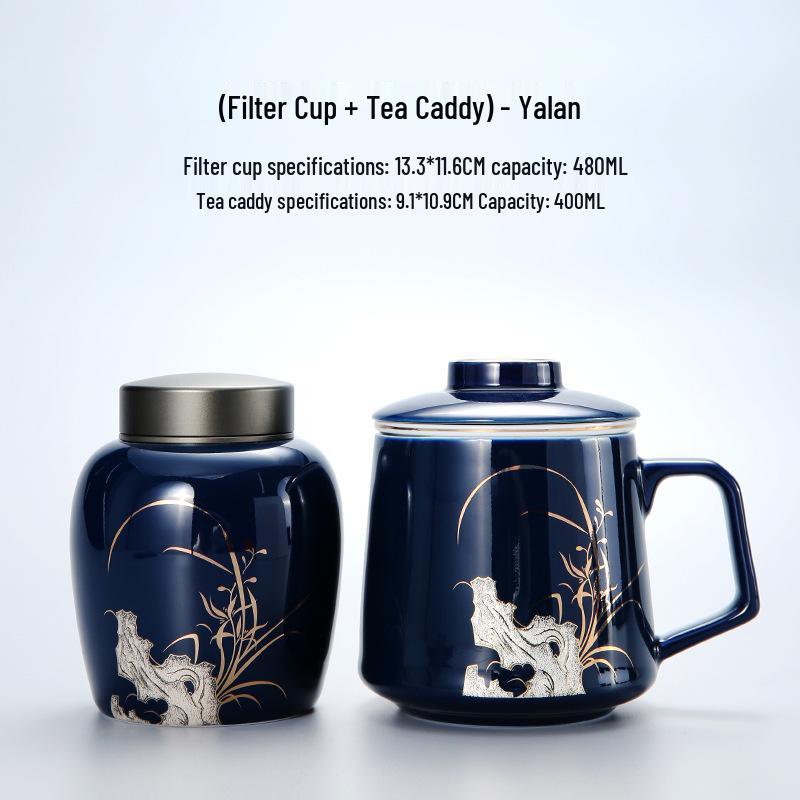 Luxury Ceramic Cup with Lid - Jilan Blue Tea Cup & Caddy, Perfect for Personal Use or Business Gift with Custom Logo Option