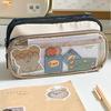 Cream Pencil Bag Pen Case Hitting Color Blocked Staged Type Transparent Front Pocket Storage Pouch for Stationery