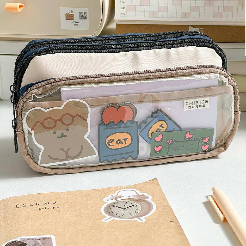 Cream Pencil Bag Pen Case Hitting Color Blocked Staged Type Transparent Front Pocket Storage Pouch for Stationery
