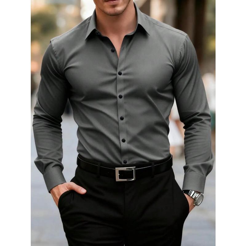 Men's Solid Red Long Sleeve Formal Dress Shirt for Business Office Wear