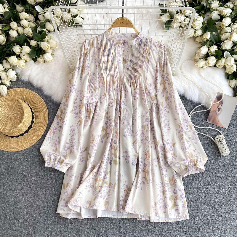 

Mid Length Long Length Shirt Dress Women s French Style Gentle Tea Break Floral Girl s Dress Small Cute Youth-Looking Short Skirt Image color M