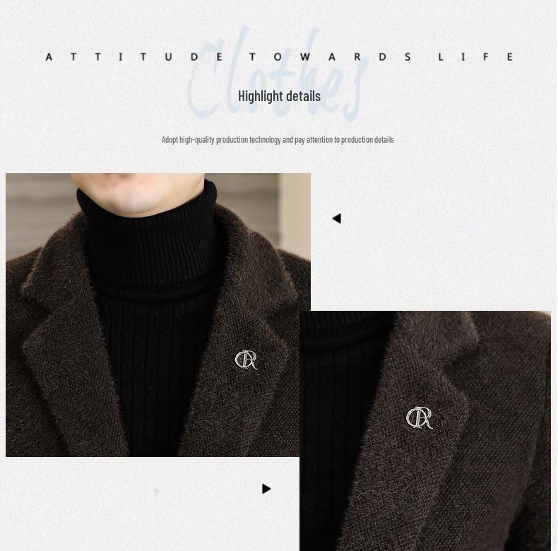 Men's Mid-Length Woolen Trench Coat - Gold Sable Velvet, Thickened, Winter Lapel Style