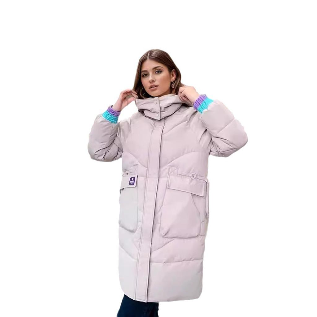 Popular Medium and Long -padded Clothes for Women's Winter Korean Color Matching Fashion and Leisure Hooded